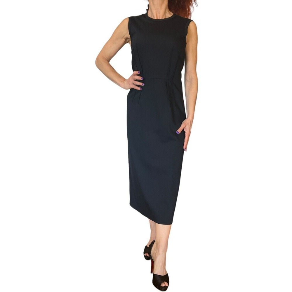 JIL SANDER NAVY BLUE ITALY PENCIL SHEATH SLEEVELESS WOOL SUITING MIDI DRESS 36 4 - Picture 3 of 16